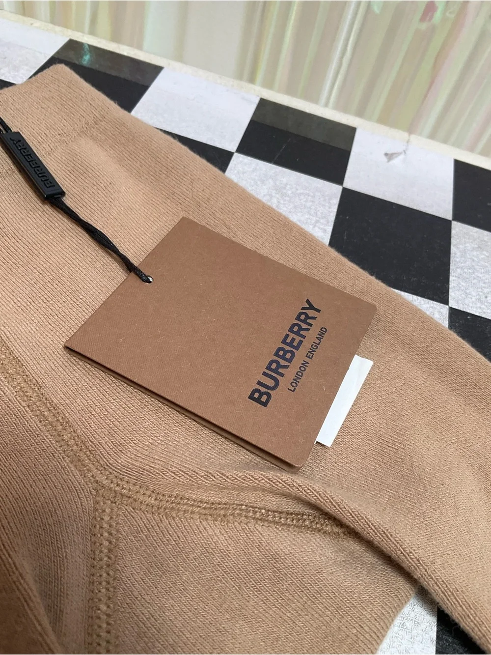 Burberry Beige Tights with Black, White and Red Stripe Detail